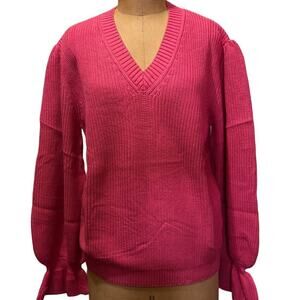 Gil' B 100% Cotton Glitter Trim V Neck Bell Sleeve Sweater Pink NWT Size XXXL